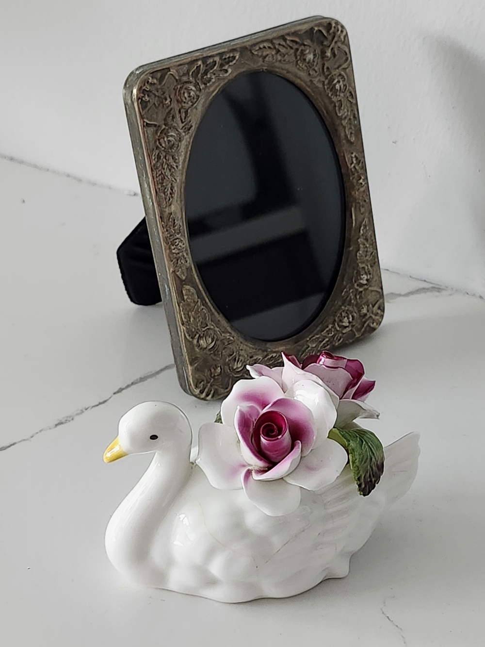Swan Planter Bone China Aristocrat with Pink Rose Accents Wedding Topper